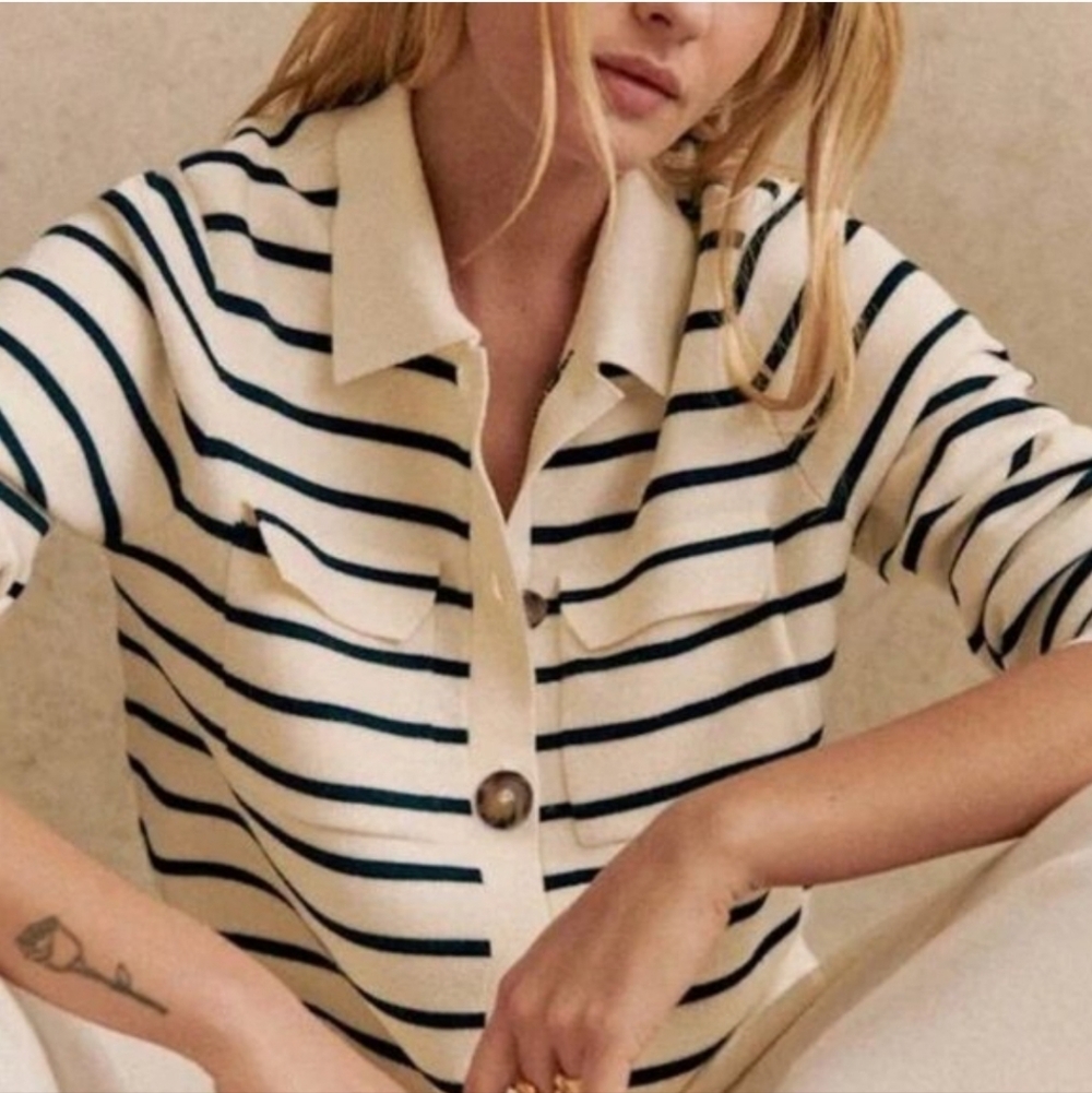 SÉZANE Betty Cardigan In Nautical Stripe Blue Ecru XS